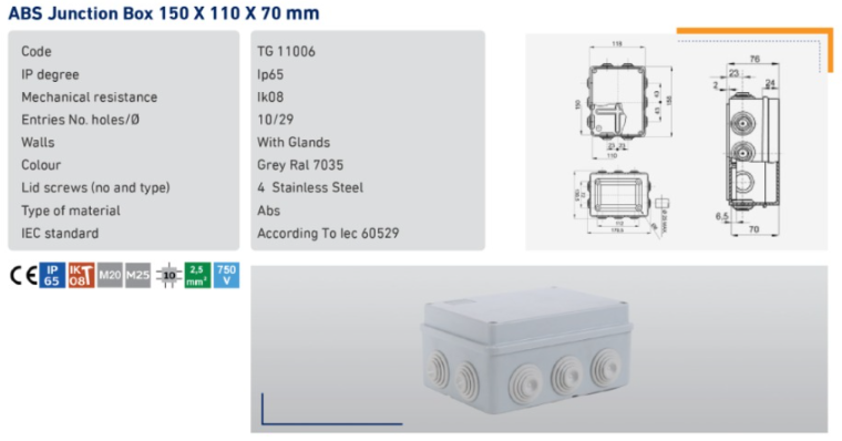 ABS Junction Box 150x110x70 mm